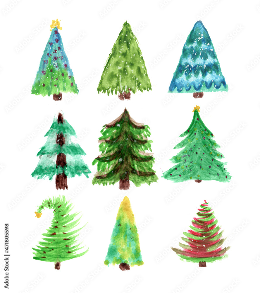 set of hand-drawn watercolor Christmas trees, watercolor pines for design in different shades of green