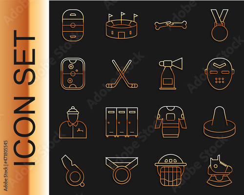 Set line Skates, Mallet for playing air hockey, Hockey mask, Human broken bone, Ice sticks, Air table, rink and horn icon. Vector