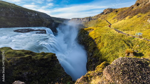 Gulfoss waterfall and canyon long exposure  Golden Falls in Iceland