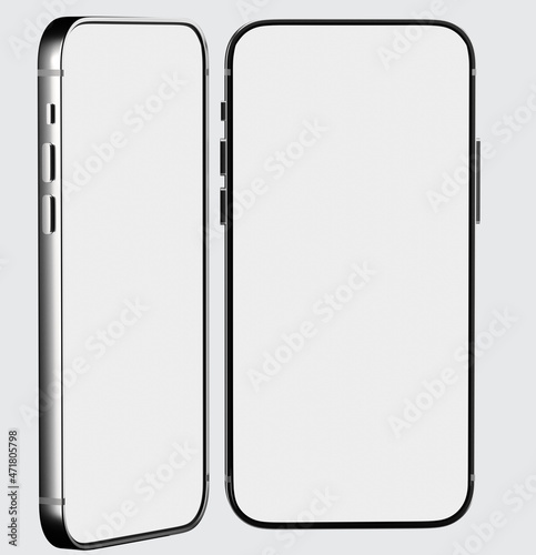 Realistic smartphone mockup. Device UI/UX mockup for presentation template. Two mobile phones different angles views. Silver cellphone frame with blank display. 3d image
