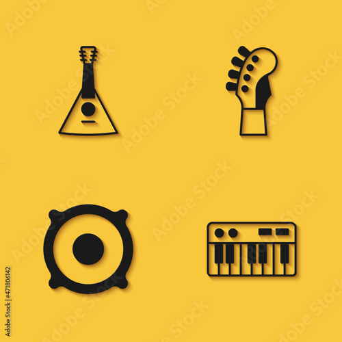 Set Balalaika, Music synthesizer, Stereo speaker and Guitar neck icon with long shadow. Vector