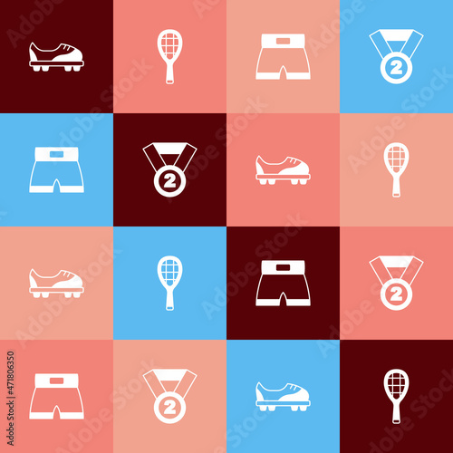 Set pop art Football shoes, Tennis racket, Boxing short and Medal icon. Vector