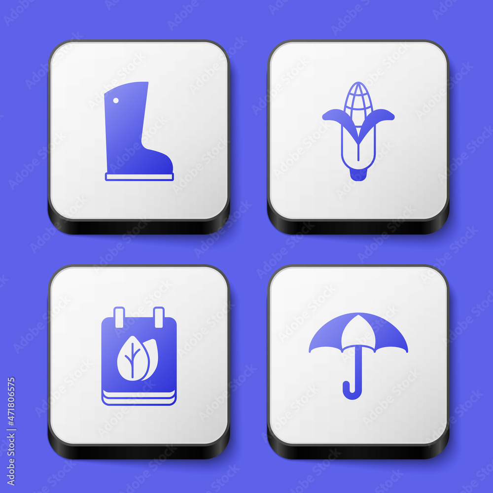 Set Waterproof rubber boot, Corn, Calendar with autumn leaves and Umbrella icon. White square button. Vector Set Waterproof rubber boot, Corn, Calendar with autumn leaves and Umbrella icon. White square button. Vector