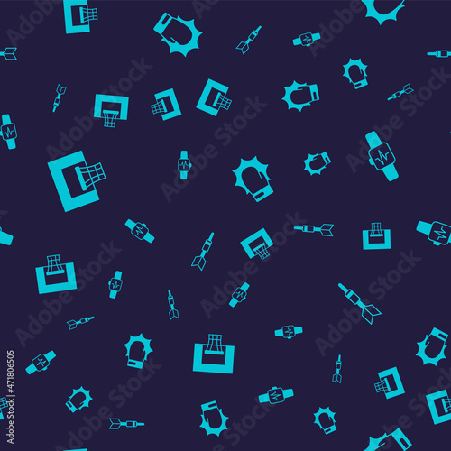 Set Basketball backboard, Smart watch with heart, Punch in boxing gloves and Dart arrow on seamless pattern. Vector
