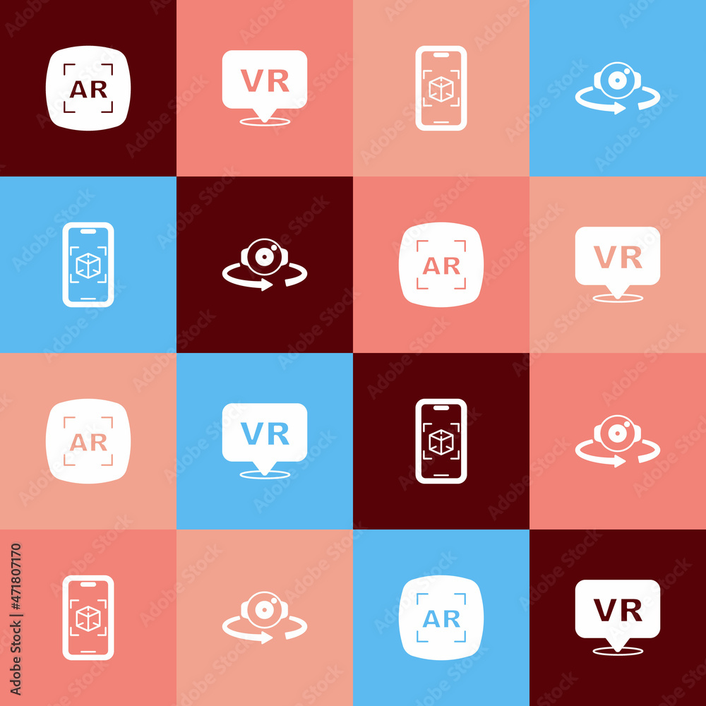 Set pop art Augmented reality AR, Virtual, 3d modeling and 360 degree view icon. Vector Set pop art Augmented reality AR, Virtual, 3d modeling and 360 degree view icon. Vector