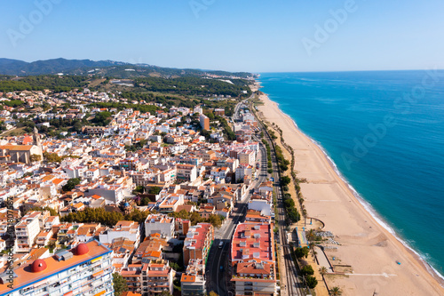 Drone picture over Costa Brava coastal and Mediterranean sea, village Canet de Mar, Spain photo