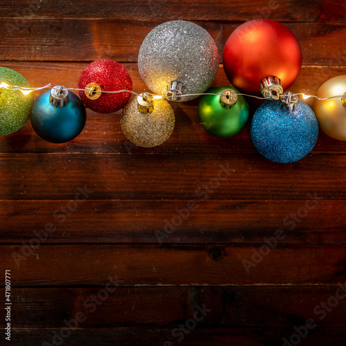 Christmas balls on wooden background