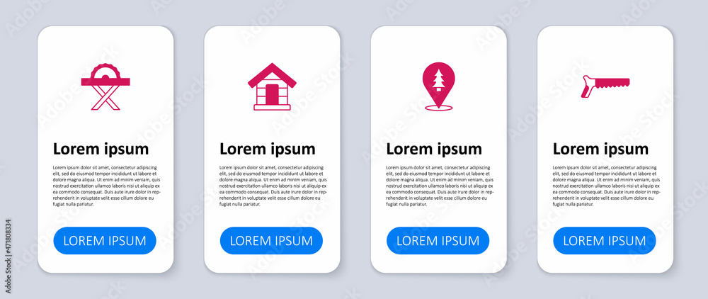 Set Hand saw, Location of the forest, Dog house and Electric circular. Business infographic template. Vector Set Hand saw, Location of the forest, Dog house and Electric circular. Business infographic template. Vector