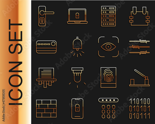 Set line Binary code, Parking car barrier, Barbed wire, Server, Data, Web Hosting, Ringing alarm bell, Credit card, Door handle and Eye scan icon. Vector