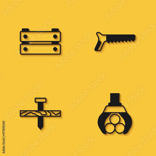 Set Wooden box, Grapple crane grabbed a log, Metallic nail and Hand saw icon with long shadow. Vector