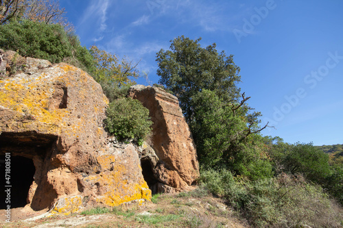 Etruscan Tombs in Marturanum Regional Park with blue sky.is a protected natural area in Barbarano Romano,Viterbo,Italy.