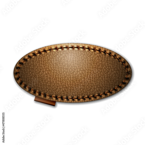 Brown oval stitched black leather label isolated on white background vector template.