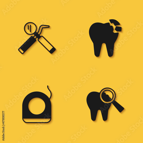 Set Dental mirror and probe, Broken tooth, floss and icon with long shadow. Vector