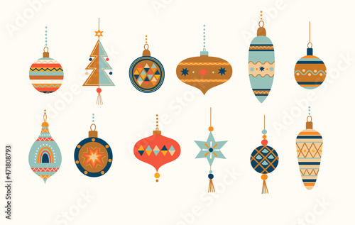 Big set Christmas balls in Scandinavian style.Hand drawn christmas baubles.Xmas isolated cozy decor elements on white background.Template for invitation,greetings,design,print,web.Vector illustration.