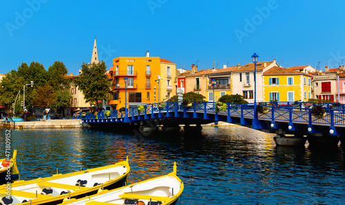 Picturesque view of old French town of Martigues with canals and colorful houses photo