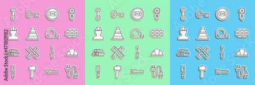 Set line Electric plug, Worker safety helmet, Bricks, Electrical outlet, Traffic cone, Wrench spanner and Roulette construction icon. Vector