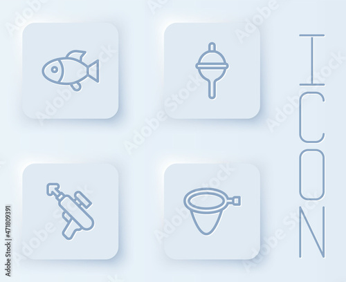 Set line Fish, Fishing float, harpoon and net. White square button. Vector