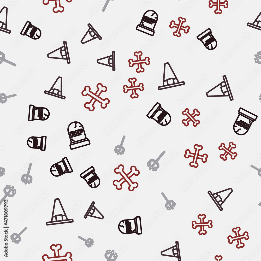 Set line Tombstone with RIP written, Witch hat, Trident devil and Crossed bones on seamless pattern. Vector Set line Tombstone with RIP written, Witch hat, Trident devil and Crossed bones on seamless pattern. Vector