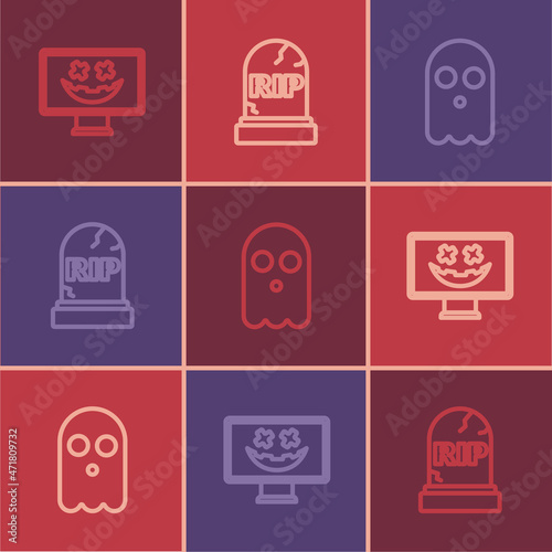Set line Happy Halloween holiday, Ghost and Tombstone with RIP written icon. Vector