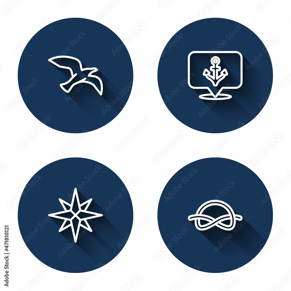 Set line Bird seagull, Anchor, Wind rose and Nautical rope knots with long shadow. Blue circle button. Vector Set line Bird seagull, Anchor, Wind rose and Nautical rope knots with long shadow. Blue circle button. Vector