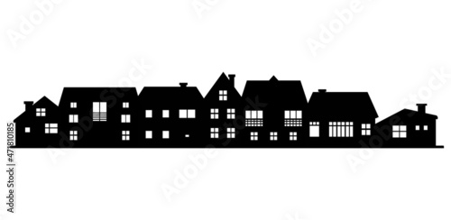 country skyline silhouette on white background. Black houses silhouettes. Buildings icon for mobile concept and web app. Residential house property exterior view. 