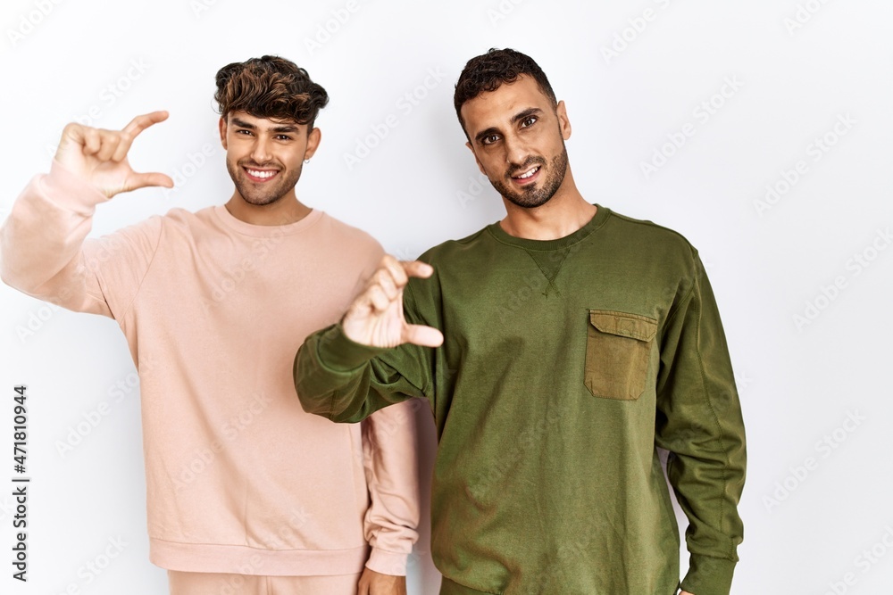 Young gay couple standing over isolated white background smiling and confident gesturing with hand doing small size sign with fingers looking and the camera. measure concept. Young gay couple standing over isolated white background smiling and confident gesturing with hand doing small size sign with fingers looking and the camera. measure concept.