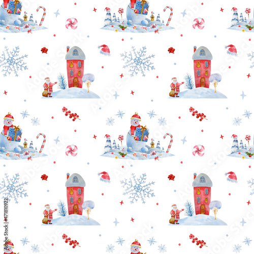 Seamless watercolor pattern with winter Christmas houses, snowman, Santa Claus, Christmas trees, trees and gifts. Cute children's fairy tale illustration on a white background.