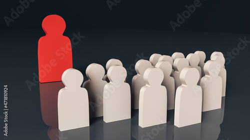 Large red wooden figure of a man stands in front of a crowd of identical white figures against a gray background. Leadership concept. Not like everyone else. 3D rendering