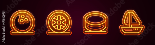 Set line Bowling ball, Car wheel, Hockey puck and Yacht sailboat. Glowing neon icon. Vector