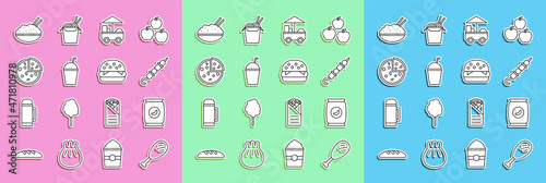 Set line Chicken leg, Bag or packet potato chips, Grilled shish kebab, Fast street food cart, Milkshake, Pizza, Rice in bowl with chopstick and Burger icon. Vector