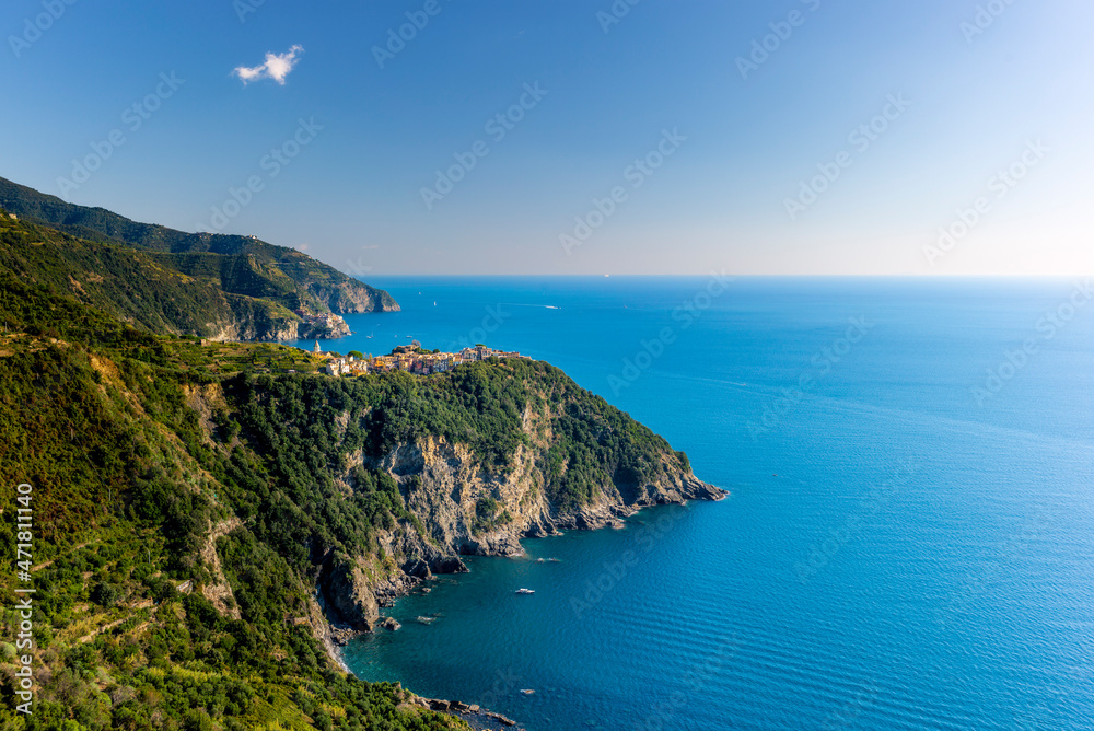 Approaching the village of Corniglia in the Cinque Terre in Italy in a summer afternoon