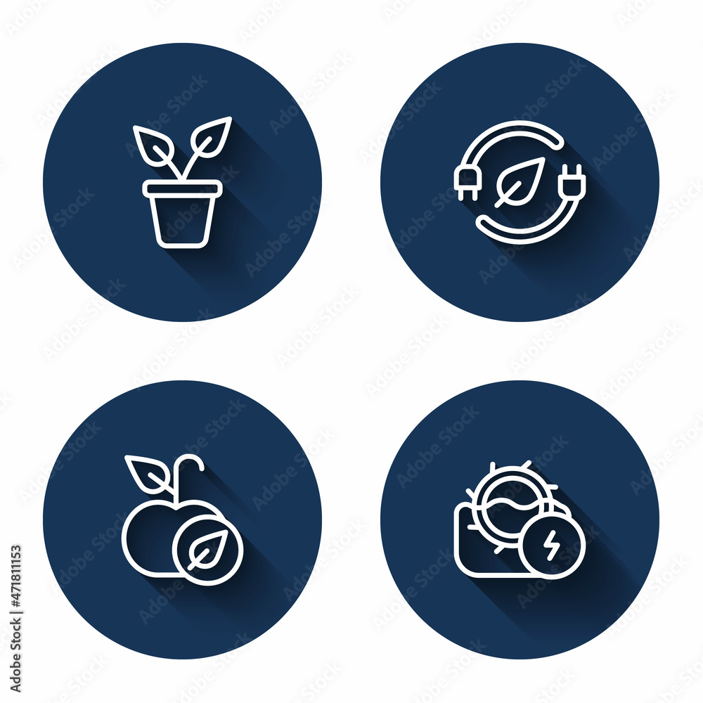 Set line Plant in pot, Electric saving plug leaf, Apple and Water mill with long shadow. Blue circle button. Vector Set line Plant in pot, Electric saving plug leaf, Apple and Water mill with long shadow. Blue circle button. Vector