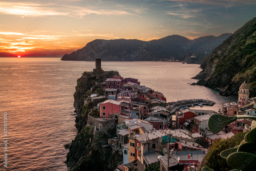 Colorful sunset  on the village of Vernazza in the Cinque Terre in Italy