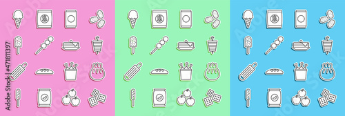Set line Cracker biscuit, Khinkali on cutting board, Grilled shish kebab, Soda can with straw, Meatballs wooden stick, Ice cream, waffle cone and Stack of pancakes icon. Vector