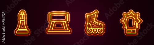 Set line Chess, Pommel horse, Roller skate and Punch in boxing gloves. Glowing neon icon. Vector