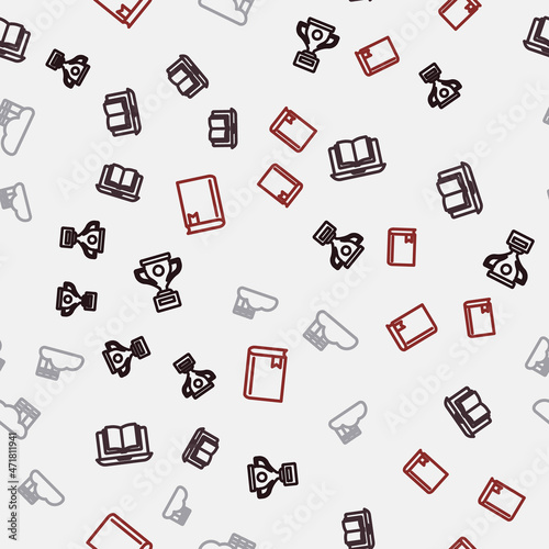 Set line Award cup, Online class, Cloud or online library and Book on seamless pattern. Vector