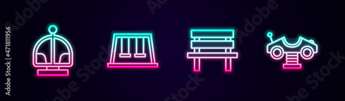 Set line Attraction carousel, Swings for kids, Bench and . Glowing neon icon. Vector