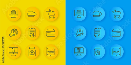 Set line Online ordering and delivery, Paper financial check, Pizza cardboard box, Burger, Shopping cart food and burger icon. Vector