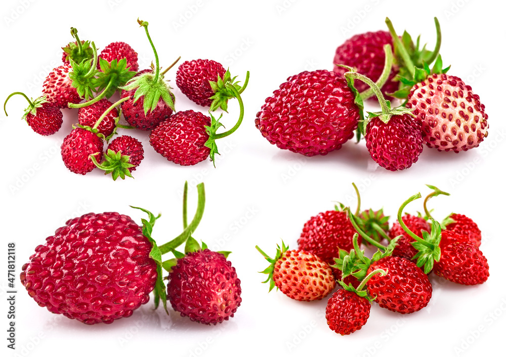 Collage mix set of Berry wild strawberry with green leaves handful fresh strawberries healthy food, isolated on white background. Collage mix set of Berry wild strawberry with green leaves handful fresh strawberries healthy food, isolated on white background.