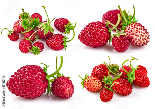 Collage mix set of Berry wild strawberry with green leaves handful fresh strawberries healthy food, isolated on white background.