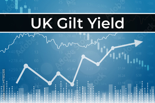Financial term UK Gilt Yield on blue finance background from graphs, charts, columns, candles, bars, numbers. Trend Up and Down. 3D render