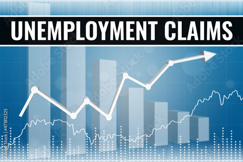 Financial term Unemployment Claims on blue and gray finance background from graphs, charts, columns, candles, bars, numbers. 3D render