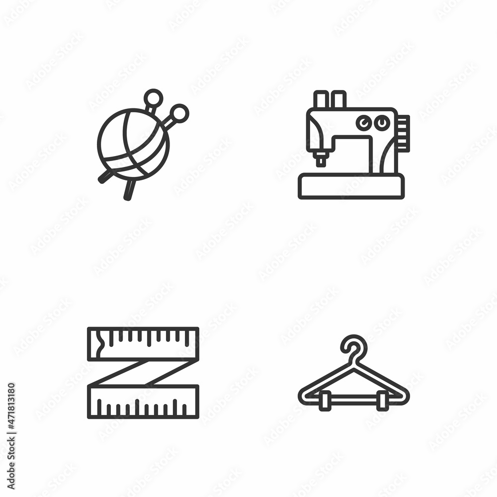 Obraz premium Set line Hanger wardrobe, Tape measure, Yarn ball with knitting needles and Sewing machine icon. Vector