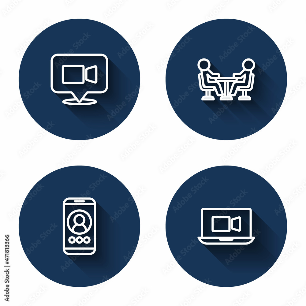 Set line Video chat conference, Meeting, and with long shadow. Blue circle button. Vector Set line Video chat conference, Meeting, and with long shadow. Blue circle button. Vector
