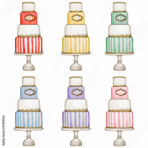 Watercolor hand drawn vintage cakes