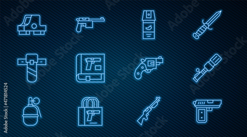 Set line Pistol or gun, Anti-tank hand grenade, Pepper spray, Book with pistol, Knife holster, Collimator sight, Small revolver and Mauser icon. Vector