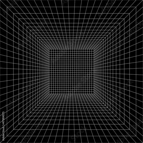 3D Fototapete Schwarze - Fototapete Grid room in perspective, vector illustration in 3d style. Indoor wireframe from white lines, template interior square, digital empty box. Abstract geometric design background