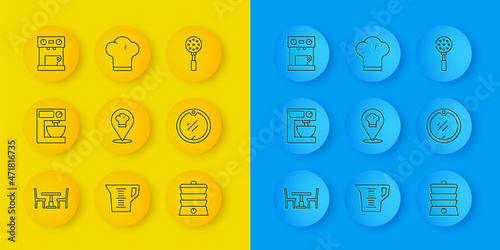 Set line Wooden table with chair, Electric mixer, Chef hat location, Slow cooker, Cutting board, Coffee machine, Spatula and icon. Vector