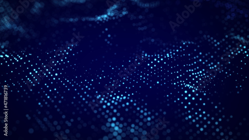 Digital blue background with moving glowing particles. Futuristic moving wave. Big data visualization. 3d rendering.