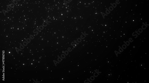 Dust particles moving in space. Abstract black cosmic background. 3d rendering.